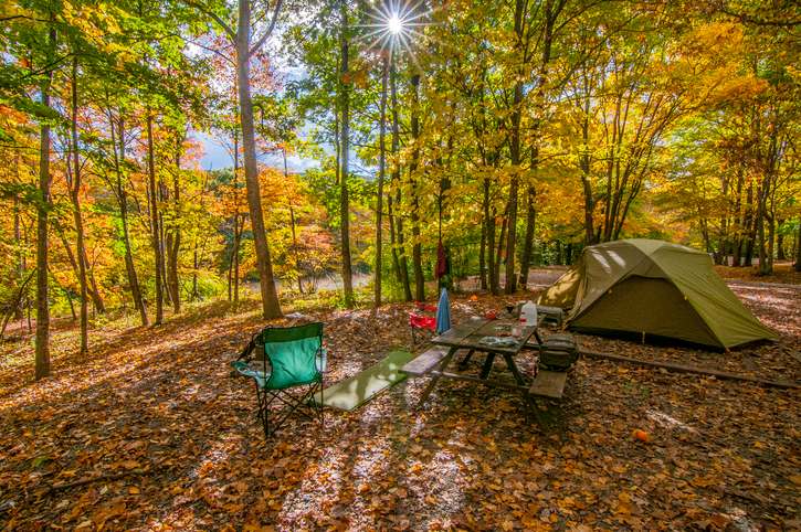 A fall camping set up features a tent and chair surrounded by trees with changing leaves