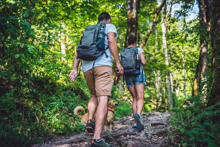 Couple with a dog traveling through a hiking trail.