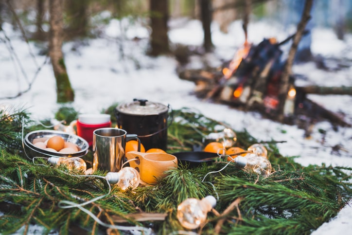 Ingredients laid out for cold weather camping cooking.