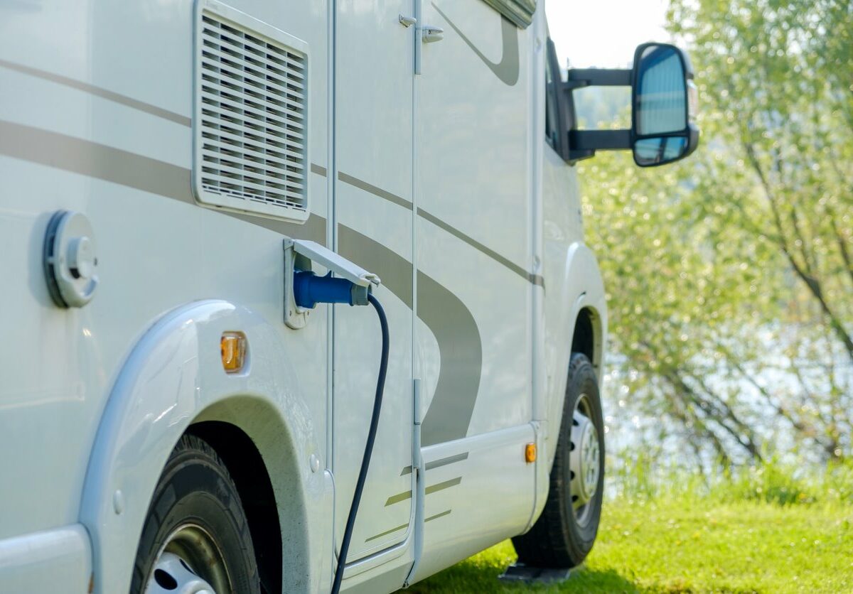 RV unit with power cord plugged in.