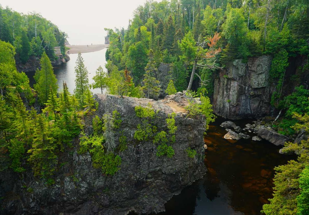 Rocky cliffs overlooking a river in Tettegouche State Park in northeast Minnesota.