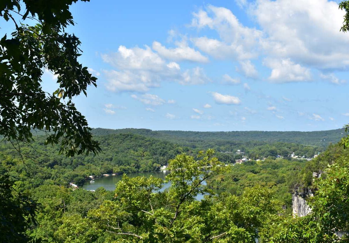 A cliffside view of the Lake of the Ozarks near Ha Ha Tonka State Park.